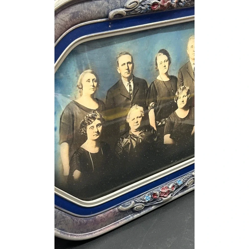 Antique Bubble Glass Hand Tinted Portrait Cobalt Blue Octagon Convex Frame 21x14